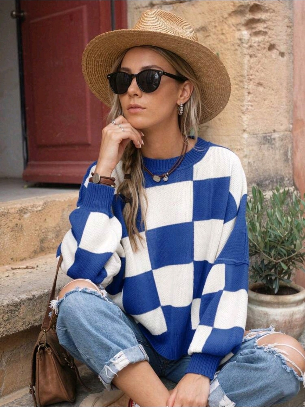 NWOT SHEIN Blue and White Checkerboard Crewneck Sweater